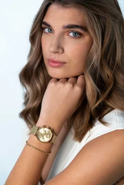 Discount Zinzi horloge CHRONOGRAPH 34mm geelgoudkleurige wijzerplaat met datum en chronometers, geelgoudkleurige stalen kast, geelgoudkleurige stalen mesh band 18mm ZIW1510
