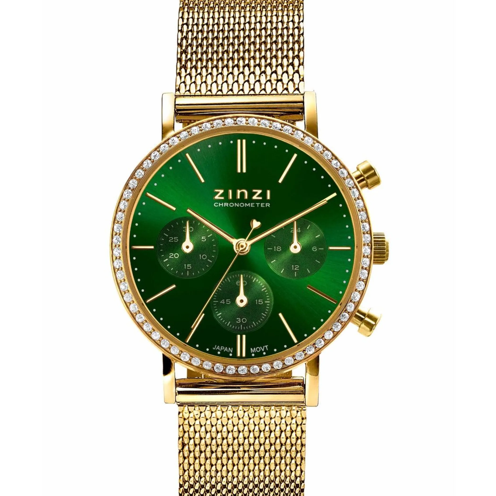 Sale Zinzi horloge CHRONOGRAPH 36mm stopwatch groene wijzerplaat, geelgoudkleurige stalen kast met crystals, geelgoudkleurige stalen mesh band 18mm ZIW1635