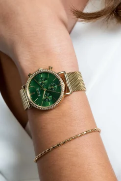 Sale Zinzi horloge CHRONOGRAPH 36mm stopwatch groene wijzerplaat, geelgoudkleurige stalen kast met crystals, geelgoudkleurige stalen mesh band 18mm ZIW1635