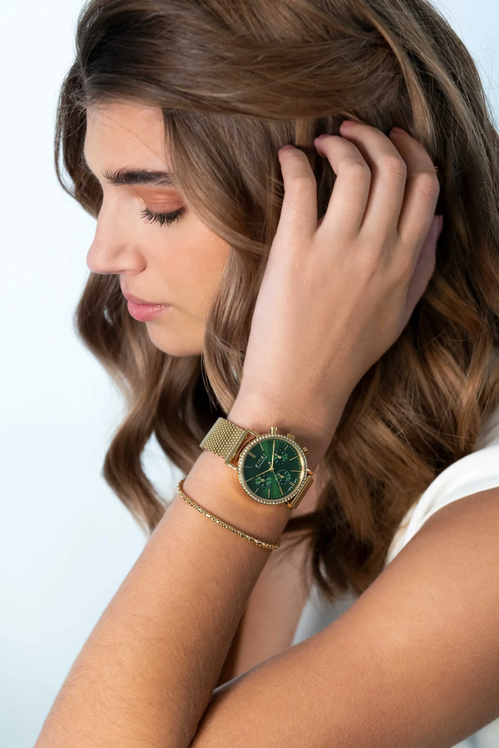 Sale Zinzi horloge CHRONOGRAPH 36mm stopwatch groene wijzerplaat, geelgoudkleurige stalen kast met crystals, geelgoudkleurige stalen mesh band 18mm ZIW1635