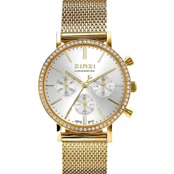 Clearance Zinzi horloge CHRONOGRAPH 36mm stopwatch zilverkleurige wijzerplaat, geelgoudkleurige stalen kast met crystals, geelgoudkleurige stalen mesh band 18mm ZIW1633