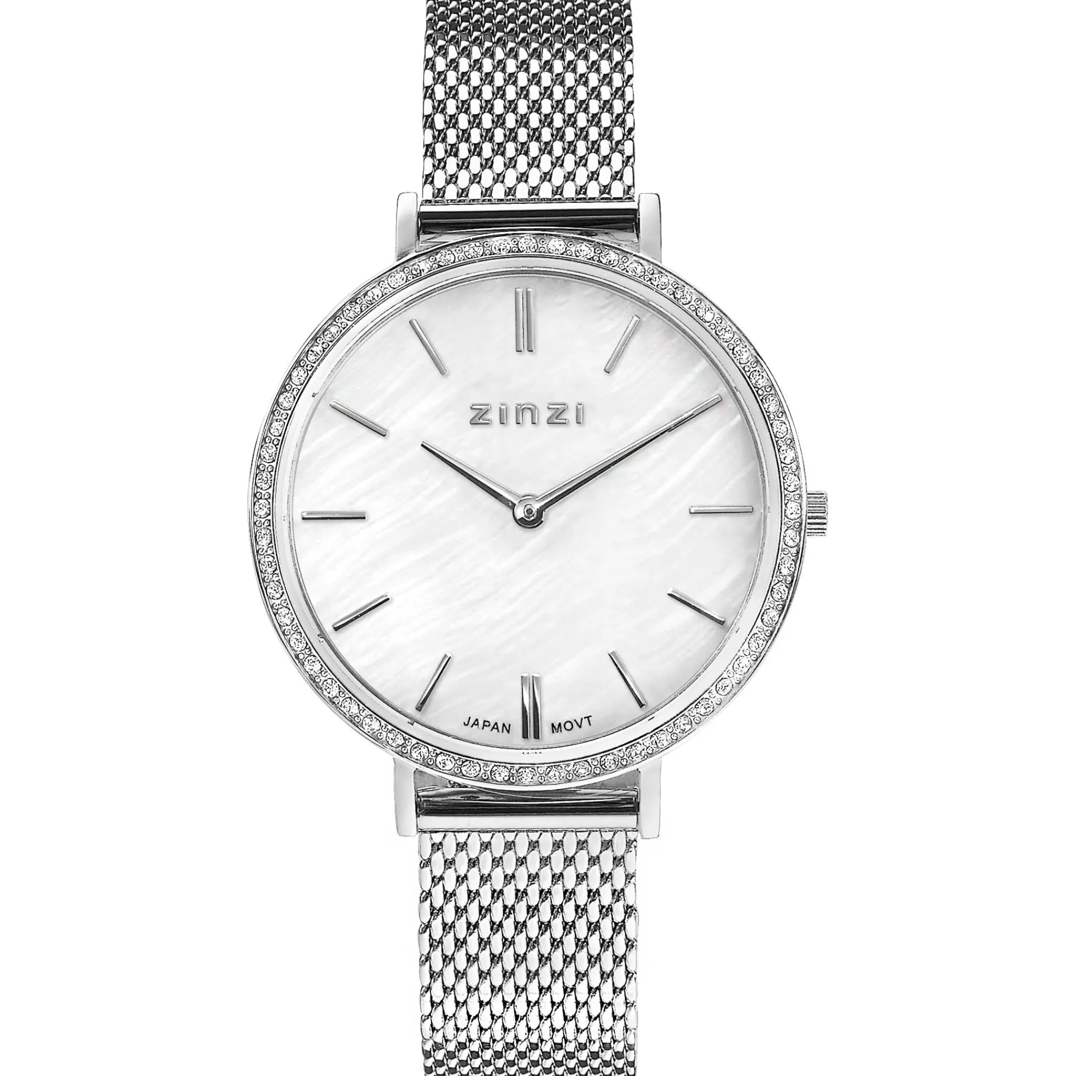 Outlet Zinzi horloge GRACE 34mm wit parelmoer wijzerplaat, rondom bezet met witte crystals, stalen kast en band ziw1317