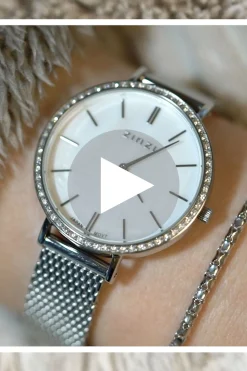 Outlet Zinzi horloge GRACE 34mm wit parelmoer wijzerplaat, rondom bezet met witte crystals, stalen kast en band ziw1317