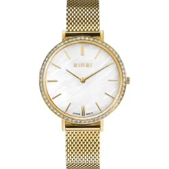 Best Zinzi horloge GRACE 34mm wit parelmoer wijzerplaat, rondom bezet met witte crystals, goudkleurige stalen kast en band ziw1334