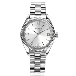 New Zinzi Iconic horloge 30mm met datum, gekartelde rand, zilverkleurige wijzerplaat en stalen schakelband ZIW2202