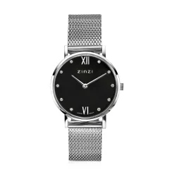 Best Zinzi Lady Crystal horloge zwarte wijzerplaat en kast stalen mesh band, witte crystals bij uuraanduiding, 28mm extra dun ZIW629M