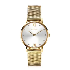 Online Zinzi Lady Crystal horloge zilvergekleurde wijzerplaat, geelgoudkleurige kast en stalen mesh band, witte crystals bij uuraanduiding, 28mm extra dun ZIW633M