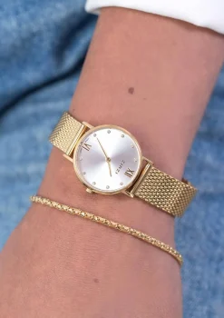 Online Zinzi Lady Crystal horloge zilvergekleurde wijzerplaat, geelgoudkleurige kast en stalen mesh band, witte crystals bij uuraanduiding, 28mm extra dun ZIW633M