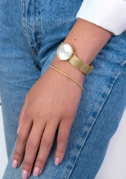 Online Zinzi Lady Crystal horloge zilvergekleurde wijzerplaat, geelgoudkleurige kast en stalen mesh band, witte crystals bij uuraanduiding, 28mm extra dun ZIW633M
