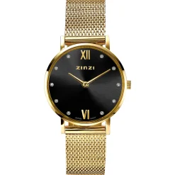 Online Zinzi Lady Crystal horloge zwarte wijzerplaat, geelgoudkleurige kast en stalen mesh band, witte crystals bij uuraanduiding, 28mm ZIW643M