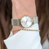 Sale Zinzi Lady Crystal horloge zilvergekleurde wijzerplaat, geelgoudkleurige kast en bicolor stalen mesh band, witte crystals bij uuraanduiding, 28mm extra dun ZIW633MB