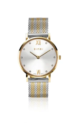 Sale Zinzi Lady Crystal horloge zilvergekleurde wijzerplaat, geelgoudkleurige kast en bicolor stalen mesh band, witte crystals bij uuraanduiding, 28mm extra dun ZIW633MB
