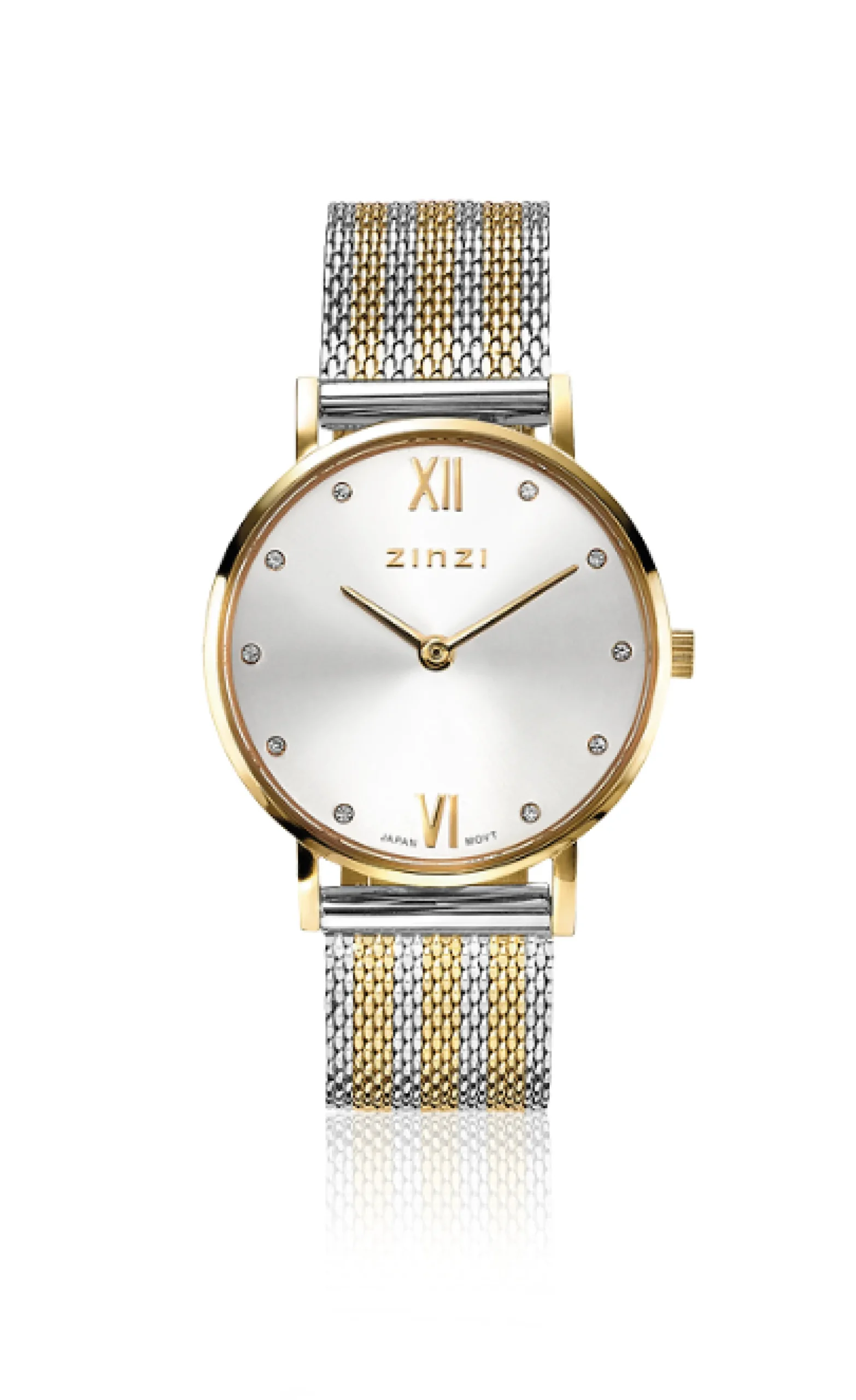 Sale Zinzi Lady Crystal horloge zilvergekleurde wijzerplaat, geelgoudkleurige kast en bicolor stalen mesh band, witte crystals bij uuraanduiding, 28mm extra dun ZIW633MB