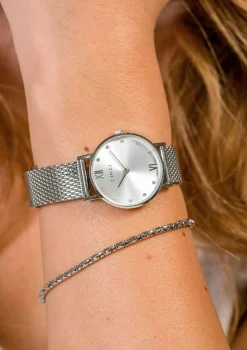 Sale Zinzi Lady Crystal horloge zilvergekleurde wijzerplaat en kast stalen mesh band, witte crystals bij uuraanduiding, 28mm extra dun ZIW628M