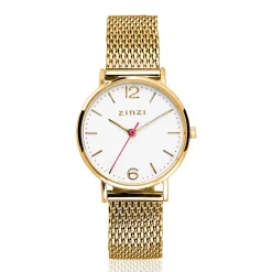 Online Zinzi Lady horloge witte wijzerplaat stalen kast geelgoudkleurig stalen mesh band geelgoudkleurig 28mm extra dun ZIW607M