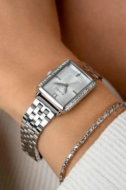 Online Zinzi Lucia horloge 28mm rechthoekige kast, bezet met witte zirkonia's en zilverkleurige wijzerplaat, stalen schakelband ZIW2302