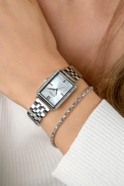 Online Zinzi Lucia horloge 28mm rechthoekige kast, bezet met witte zirkonia's en zilverkleurige wijzerplaat, stalen schakelband ZIW2302
