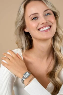 Online Zinzi Lucia horloge 28mm rechthoekige kast, bezet met witte zirkonia's en zilverkleurige wijzerplaat, stalen schakelband ZIW2302