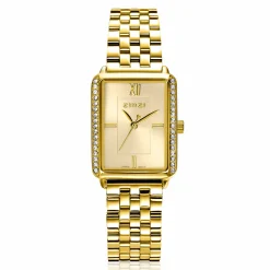 Sale Zinzi Lucia horloge 28mm rechthoekige kast, bezet met witte zirkonia's en goudkleurige wijzerplaat, stalen schakelband ZIW2310