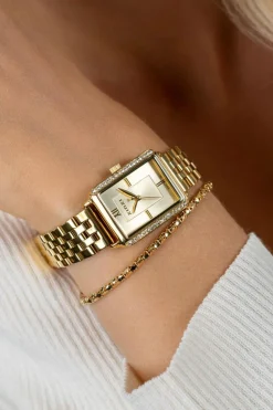 Sale Zinzi Lucia horloge 28mm rechthoekige kast, bezet met witte zirkonia's en goudkleurige wijzerplaat, stalen schakelband ZIW2310