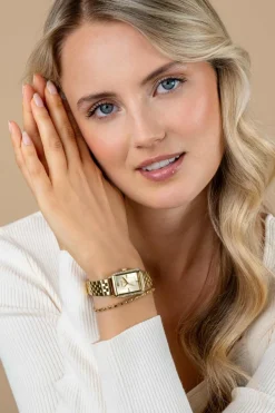 Sale Zinzi Lucia horloge 28mm rechthoekige kast, bezet met witte zirkonia's en goudkleurige wijzerplaat, stalen schakelband ZIW2310