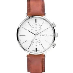 Sale Zinzi Man watch Traveller white witte wijzerplaat stalen kast bruine leren band 39mm dual time ZIW740