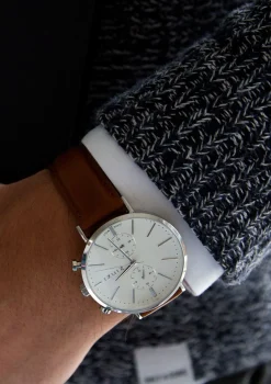 Sale Zinzi Man watch Traveller white witte wijzerplaat stalen kast bruine leren band 39mm dual time ZIW740