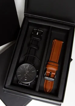 Online Zinzi Man watch Traveller black zwarte wijzerplaat matzwarte stalen kast zwarte leren band 39mm dual time ZIW750