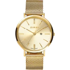 Outlet Zinzi Retro horloge goudkleurige wijzerplaat en goudkleurige stalen kast en stalen mesh band 38mm extra dun ZIW410M
