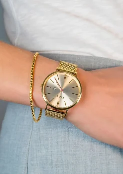 Outlet Zinzi Retro horloge goudkleurige wijzerplaat en goudkleurige stalen kast en stalen mesh band 38mm extra dun ZIW410M