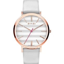 Discount Zinzi Retro horloge grijs-wit gestreepte wijzerplaat roségoudkleurige kast leren mesh band lichtgrijs 38mm extra dun ZIW420LG