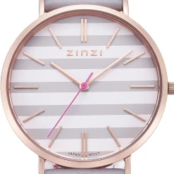 Discount Zinzi Retro horloge grijs-wit gestreepte wijzerplaat roségoudkleurige kast leren mesh band lichtgrijs 38mm extra dun ZIW420LG