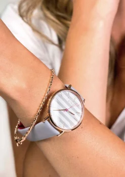 Discount Zinzi Retro horloge grijs-wit gestreepte wijzerplaat roségoudkleurige kast leren mesh band lichtgrijs 38mm extra dun ZIW420LG