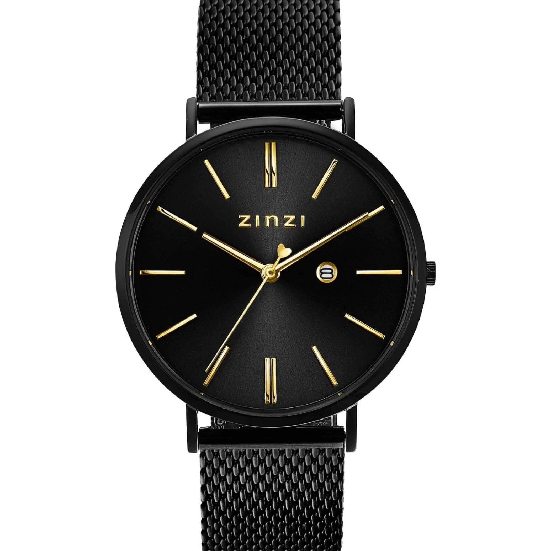 Online Zinzi Retro horloge 38mm zwarte wijzerplaat, goudkleurige wijzers, zwarte stalen kast, zwarte stalen mesh band extra dun ZIW449M