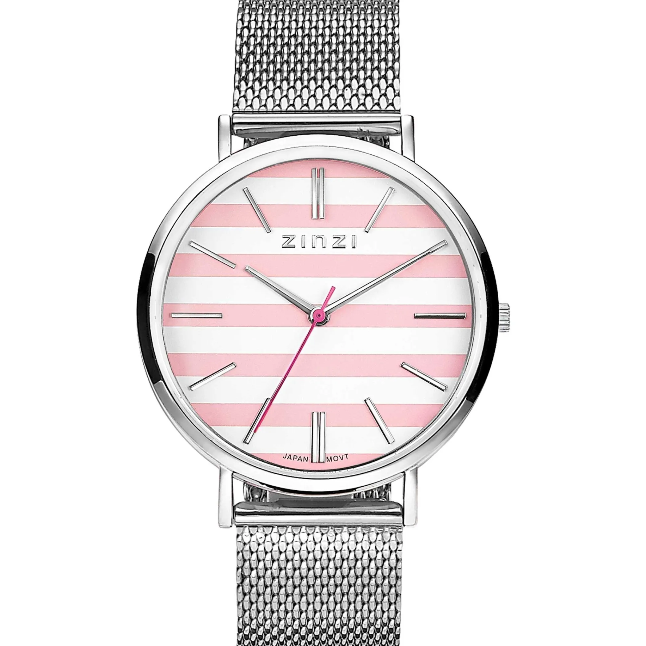 Online Zinzi Retro horloge roze-wit gestreepte wijzerplaat zilvergekleurde kast stalen mesh band 38mm extra dun ZIW419M