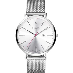 Discount Zinzi Retro horloge zilvergekleurde wijzerplaat en kast stalen mesh band 38mm extra dun ZIW402M
