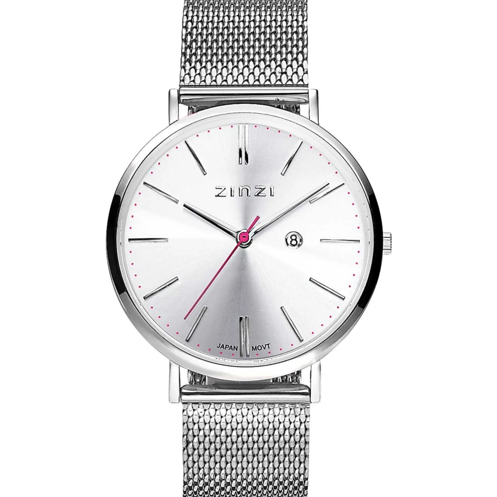 Discount Zinzi Retro horloge zilvergekleurde wijzerplaat en kast stalen mesh band 38mm extra dun ZIW402M