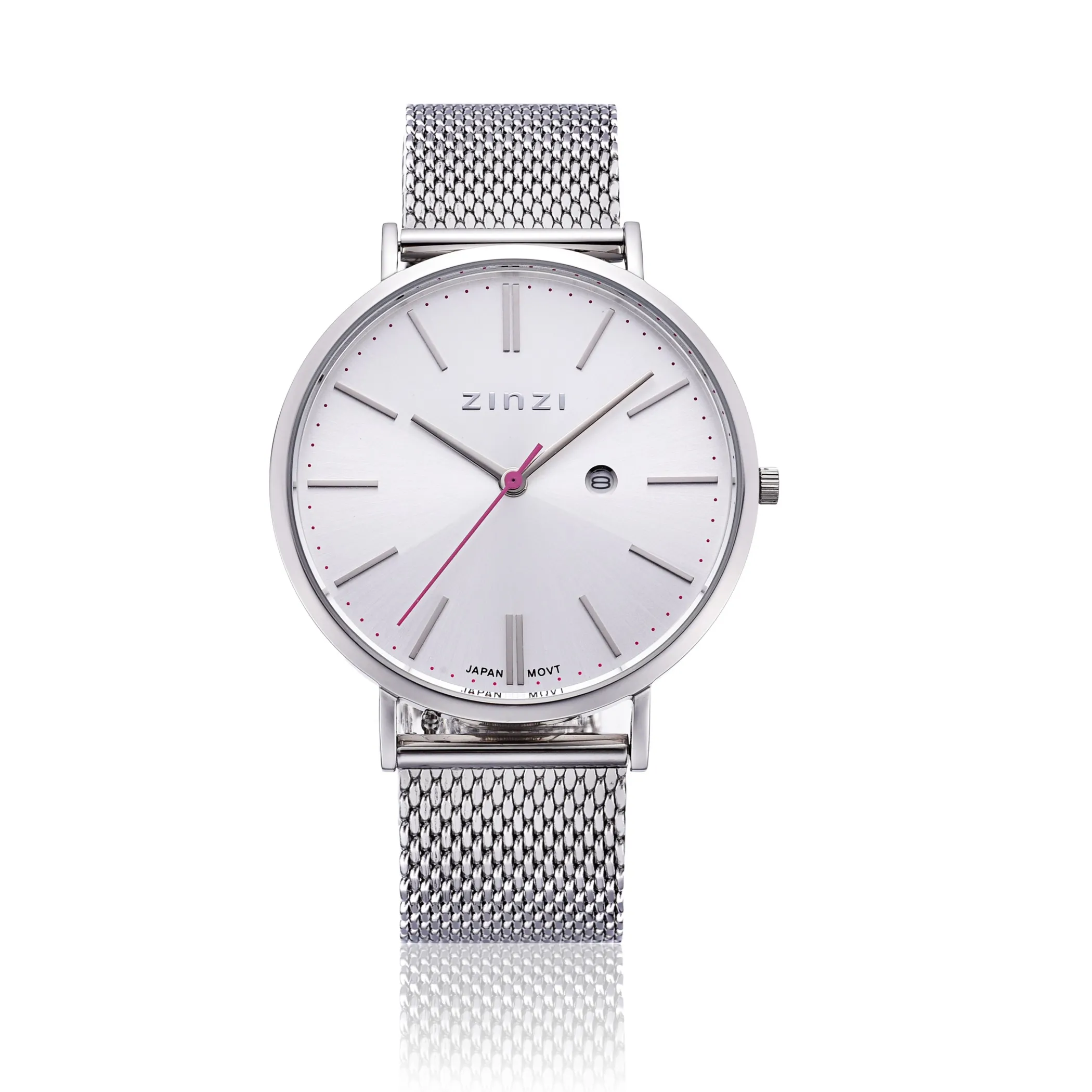 Discount Zinzi Retro horloge zilvergekleurde wijzerplaat en kast stalen mesh band 38mm extra dun ZIW402M
