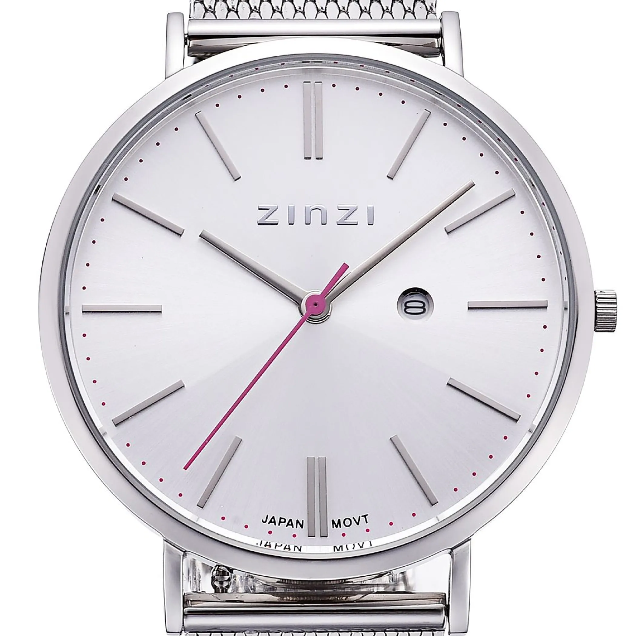 Discount Zinzi Retro horloge zilvergekleurde wijzerplaat en kast stalen mesh band 38mm extra dun ZIW402M