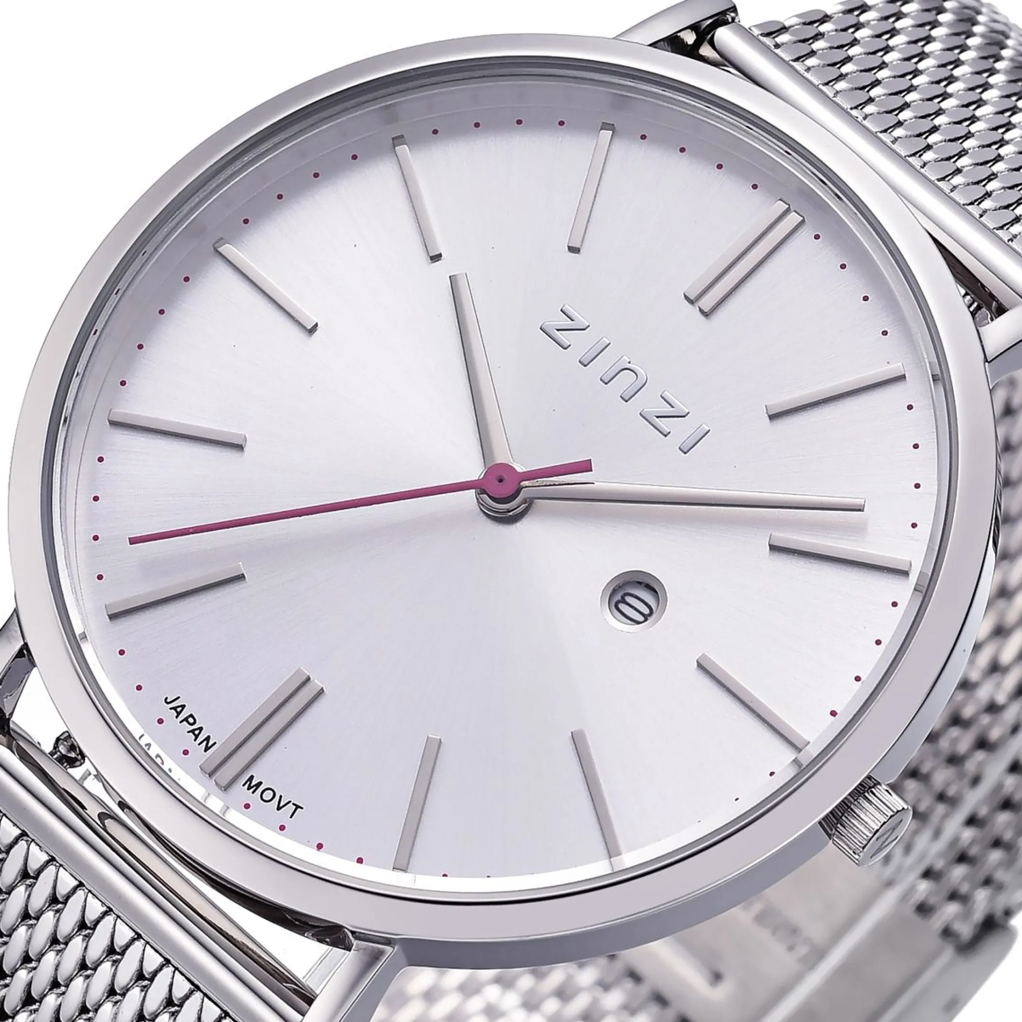 Discount Zinzi Retro horloge zilvergekleurde wijzerplaat en kast stalen mesh band 38mm extra dun ZIW402M