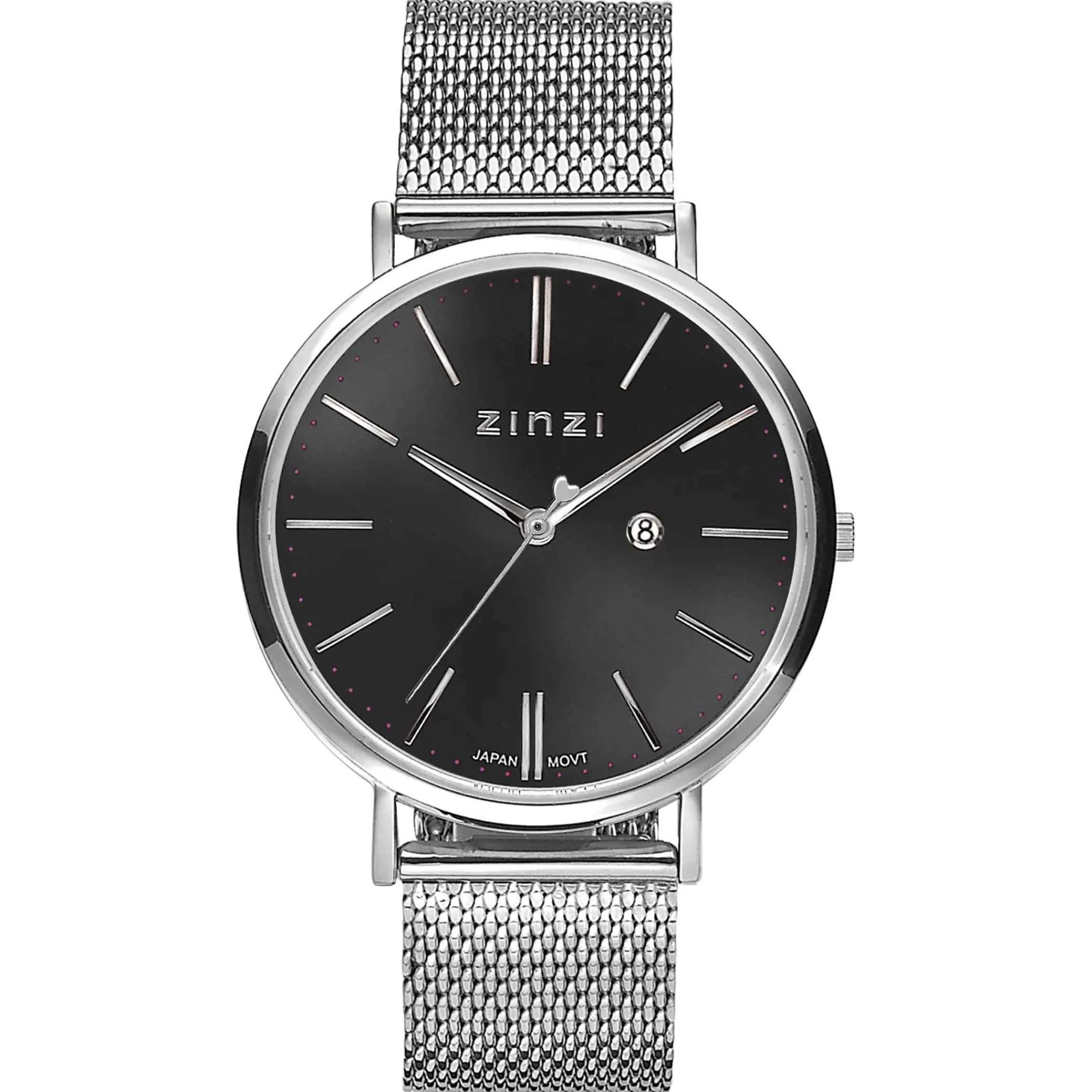 Online Zinzi Retro horloge zwarte wijzerplaat zilvergekleurde kast stalen mesh band 38mm extra dun ZIW401M