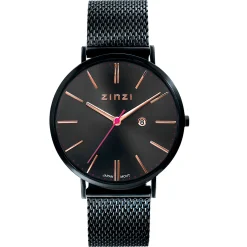 New Zinzi Retro horloge zwarte wijzerplaat en zwarte stalen kast zwarte stalen mesh band 38mm extra dun ZIW409M