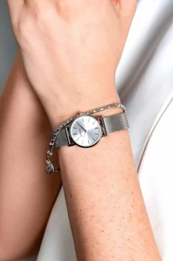 Sale Zinzi Retro Mini horloge zilvergekleurde wijzerplaat, zilverkleurige kast en stalen mesh band, 24mm extra dun ZIW1802