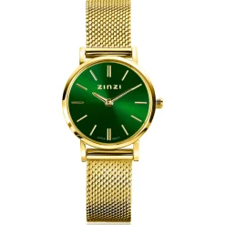 Best Zinzi Retro Mini horloge groene wijzerplaat, geelgoudkleurige kast en stalen mesh band, 24mm extra dun ZIW1835