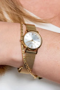 Best Zinzi Retro Mini horloge zilvergekleurde wijzerplaat, geelgoudkleurige kast en stalen mesh band, 24mm extra dun ZIW1833