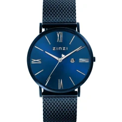 Outlet Zinzi Roman horloge blauwgekleurde wijzerplaat en kast met zilverkleurige wijzers blauwe stalen mesh band 34mm extra dun ZIW551M