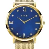 Discount Zinzi Roman horloge donkerblauwe parelmoer wijzerplaat, geelgoudkleurige stalen kast, witte zirconia's bij uuraanduiding, geelgoudkleurige stalen mesh band 34mm extra dun ZIW547M