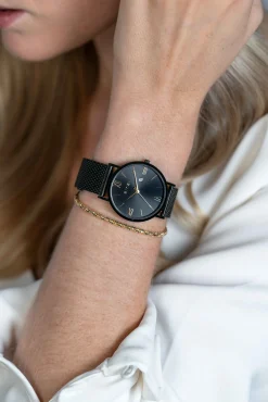 Discount Zinzi Roman horloge 34mm zwarte wijzerplaat, zwarte kast met geelvergulde wijzers zwarte stalen mesh band extra dun ZIW549M