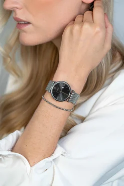 Online Zinzi Roman horloge 34mm zwarte sunray wijzerplaat en kast stalen mesh band extra dun ZIW501M
