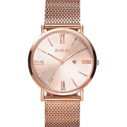 Discount Zinzi Roman horloge roségoudkleurige wijzerplaat en kast stalen mesh band roségoudkleurig 34mm extra dun ZIW505M